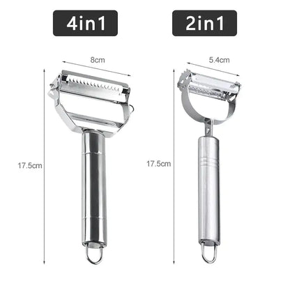 Elegant 4-in-1 and 2-in-1 stainless steel vegetable peelers, featuring a sleek finish and ergonomic handles for versatile culinary tasks.