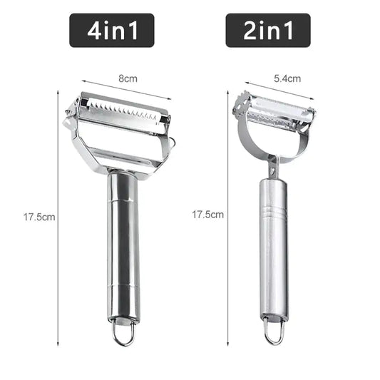 Elegant 4-in-1 and 2-in-1 stainless steel vegetable peelers, featuring a sleek finish and ergonomic handles for versatile culinary tasks.