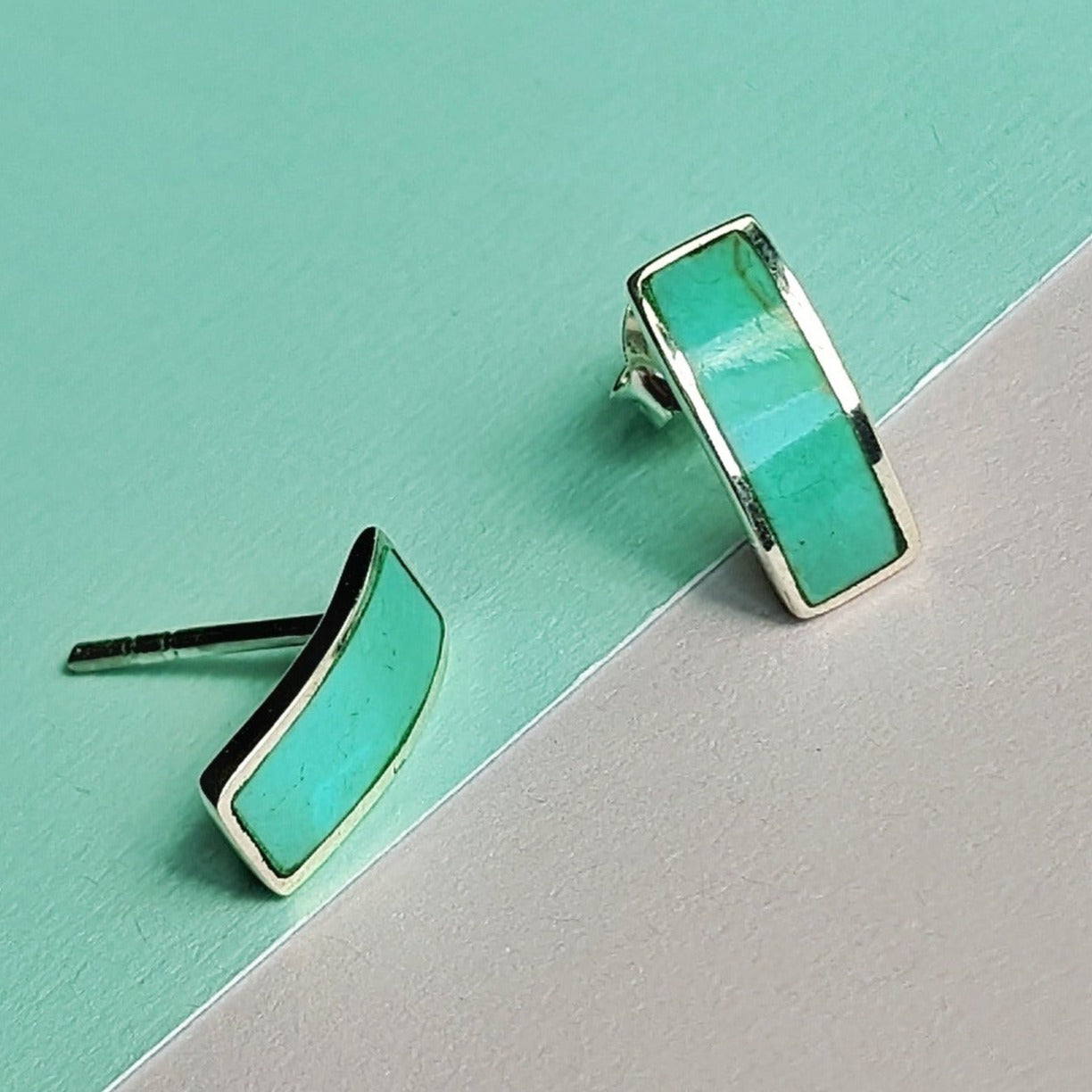 Turquoise sterling silver rectangle stud earrings
