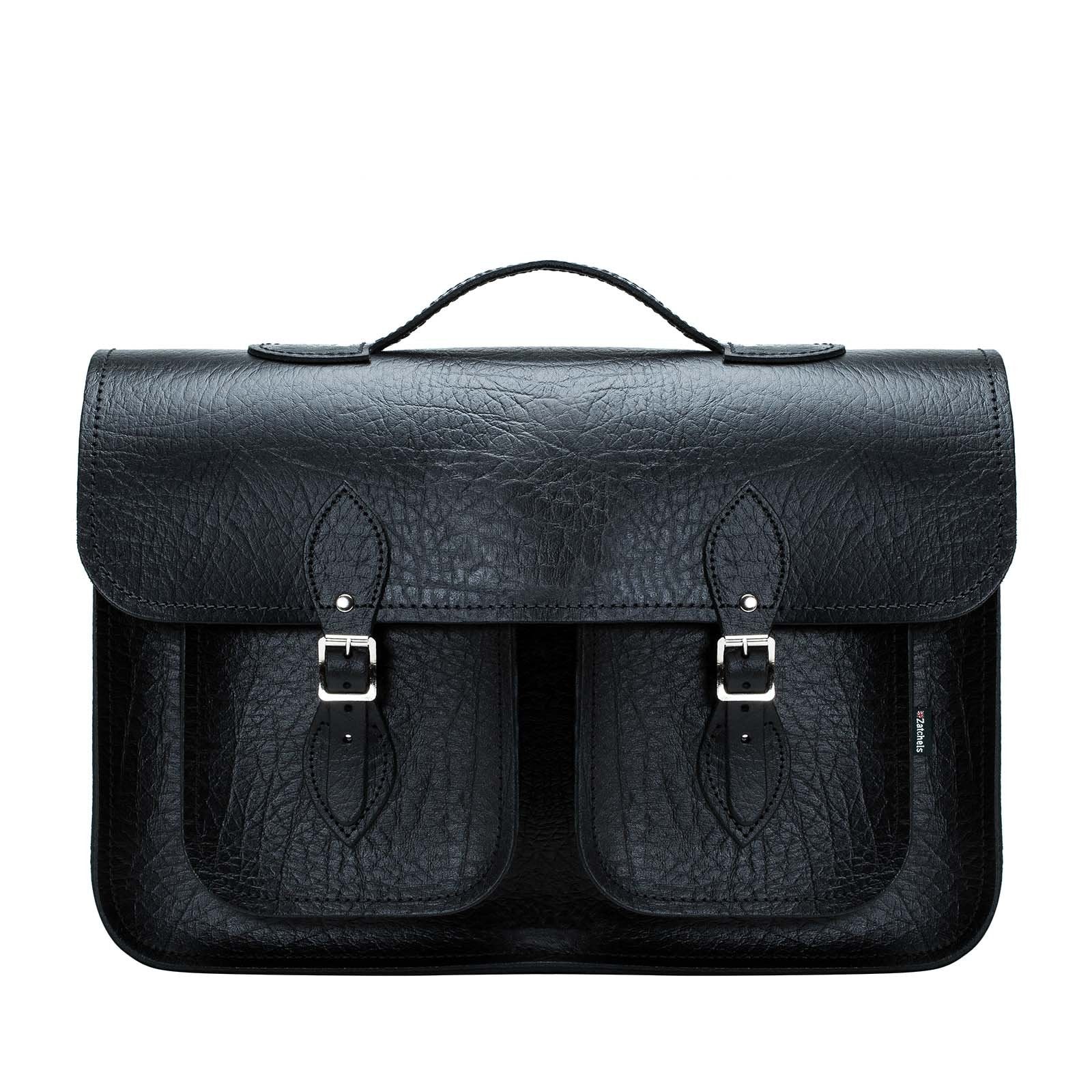 Luxury hand-crafted black leather satchel with twin pockets, designed for 13-16 inch laptops, showcasing premium craftsmanship and elegance.