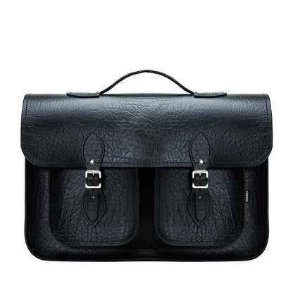 Luxury hand-crafted black leather satchel with twin pockets, designed for 13-16 inch laptops, showcasing premium craftsmanship and elegance.