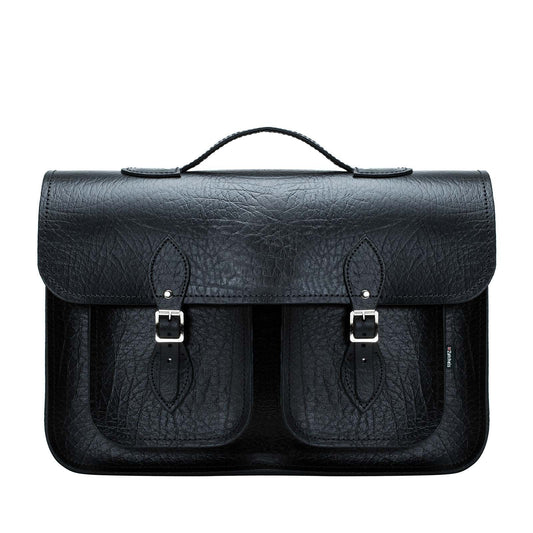 Luxury hand-crafted black leather satchel with twin pockets, designed for 13-16 inch laptops, showcasing premium craftsmanship and elegance.