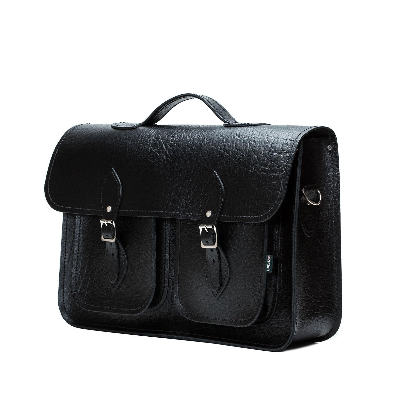 Interior view of the luxury black leather satchel, featuring spacious compartments for laptops and everyday essentials, perfect for professionals.
