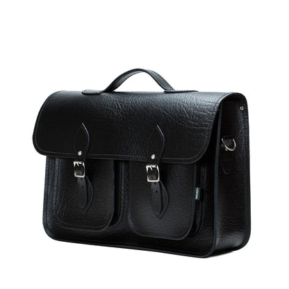 Interior view of the luxury black leather satchel, featuring spacious compartments for laptops and everyday essentials, perfect for professionals.