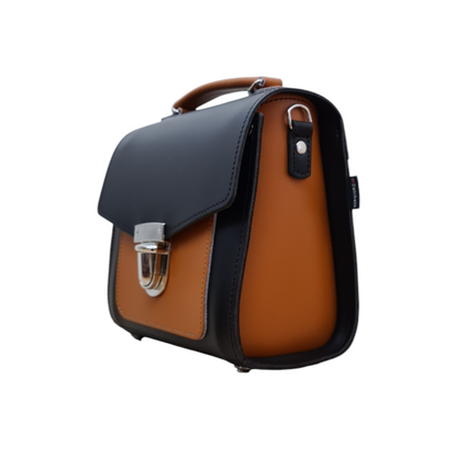 Handmade Leather Sugarcube Handbag Plus Size - Black & Burnt Orange, Adjustable Strap, Stylish Clutch