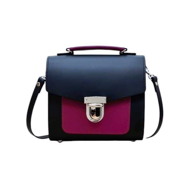 Handmade Two Tone Sugarcube Leather Handbag in Black and Magenta - Plus Size, Adjustable Strap