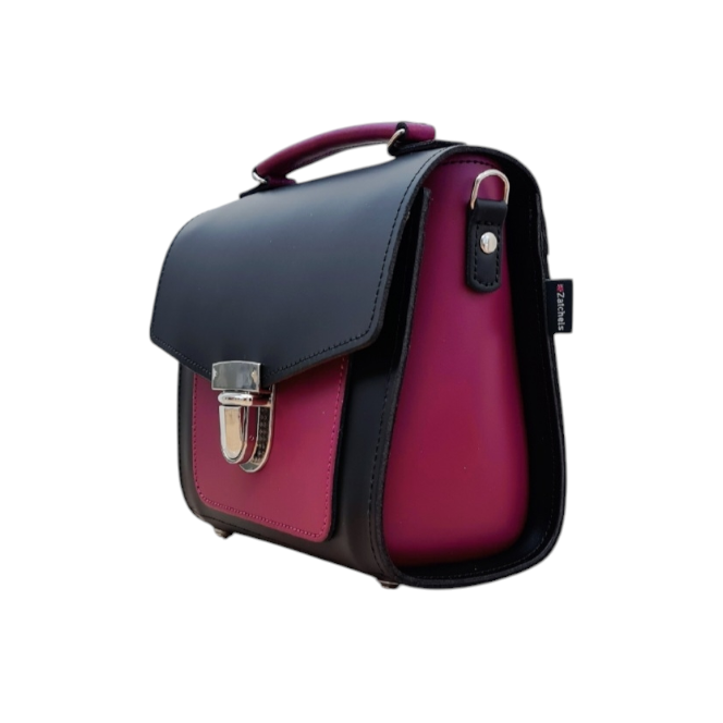 Handmade Two Tone Sugarcube Leather Handbag in Black and Magenta - Plus Size, Adjustable Strap
