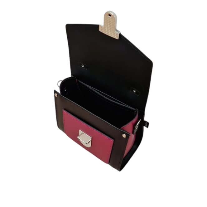 Handmade Two Tone Sugarcube Leather Handbag in Black and Magenta - Plus Size, Adjustable Strap