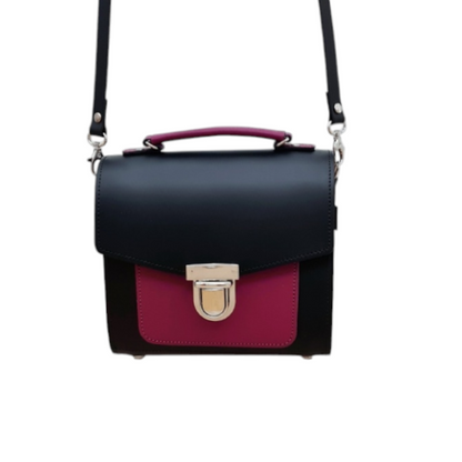 Handmade Two Tone Sugarcube Leather Handbag in Black and Magenta - Plus Size, Adjustable Strap
