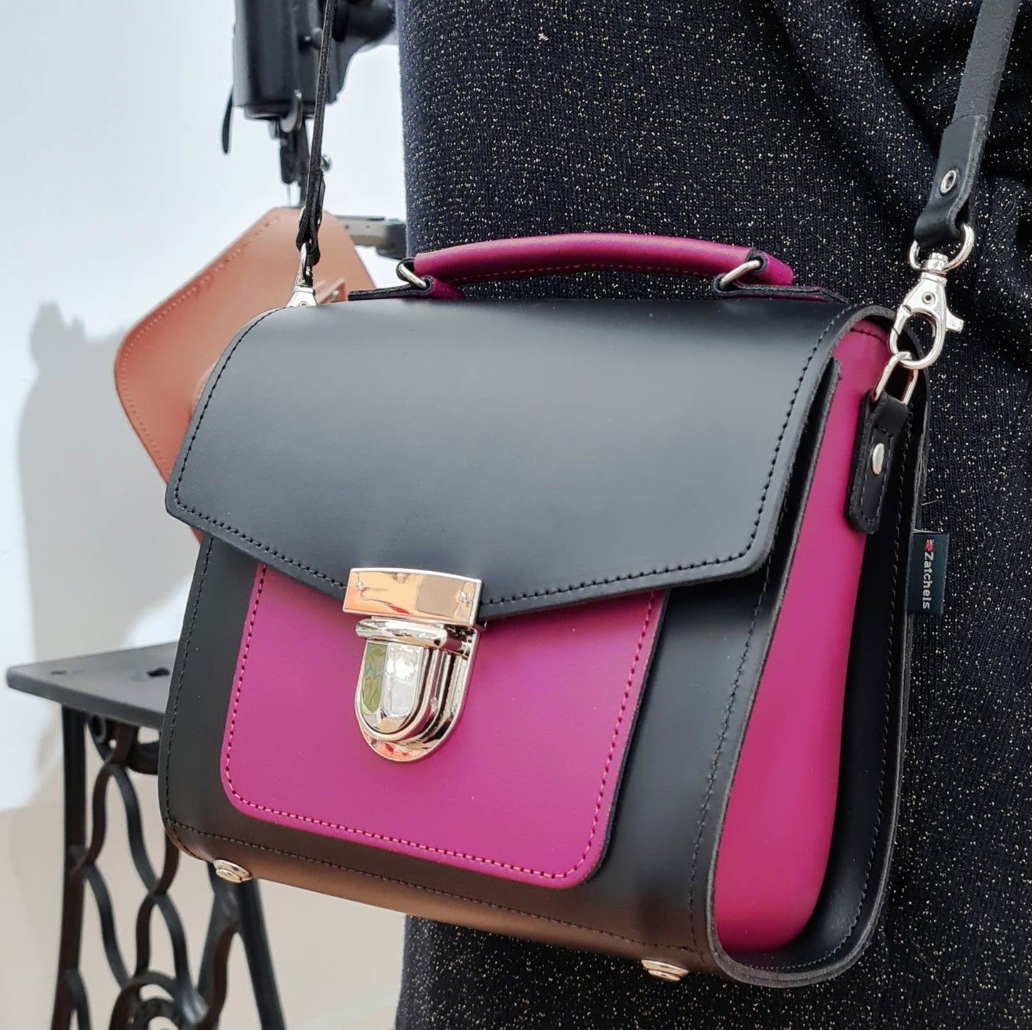 Handmade Two Tone Sugarcube Leather Handbag in Black and Magenta - Plus Size, Adjustable Strap