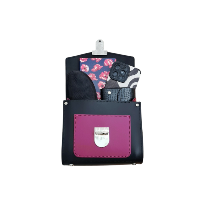 Handmade Two Tone Sugarcube Leather Handbag in Black and Magenta - Plus Size, Adjustable Strap
