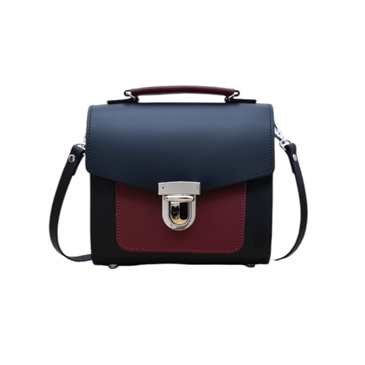 Handmade Leather Two Tone Sugarcube Handbag featuring a sophisticated Black and Oxblood design, showcasing luxury craftsmanship by Zatchels, ideal for plus-size fashion enthusiasts.