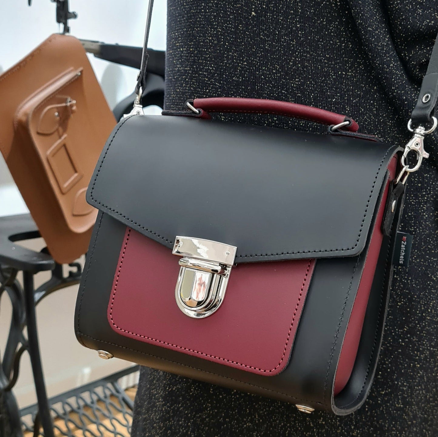 Handmade Leather Two Tone Sugarcube Handbag in Black and Oxblood - Plus Size Fashion Accessory