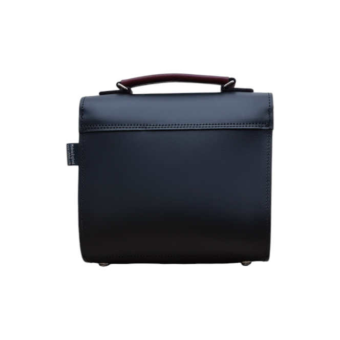 Elegant Handmade Leather Two Tone Sugarcube Handbag in Black and Oxblood, showcasing expert craftsmanship and a chic design suitable for plus-size fashion enthusiasts.