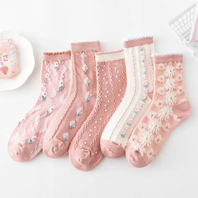 5 Pairs Women's Vintage Flower Embroidery Socks