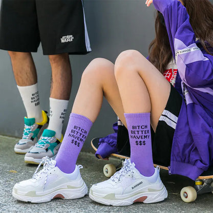 Dazzling Dreams Women's/Girl's Street Sports Socks showcased in a stylish urban setting, highlighting their comfortable hip hop design in a sophisticated black and white colour scheme.