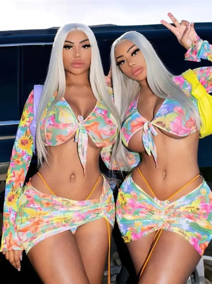 Elegant Floral Mesh Skirt Set for Women featuring a flattering A-line silhouette, designed by Dazzling Dreams Studio, showcasing delicate floral patterns and airy mesh fabric.