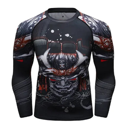 Men's long sleeve compression shirt showcasing an artistic, fearsome warrior graphic in bold colours, designed for athletes who enjoy standout performance.