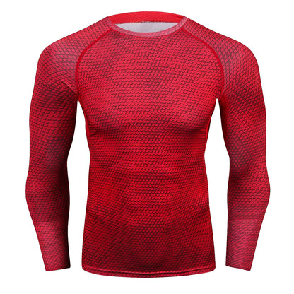 Men's upscale long sleeve compression shirt in bold red hue, tailored for comfort and moisture-wicking efficiency in sports.