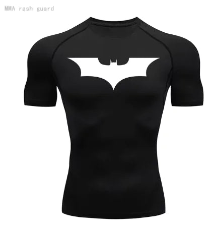 Men's short sleeve black compression shirt with a sophisticated white Batman logo, merging comfort and modern aesthetics.