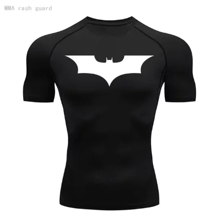 Premium black long sleeve compression shirt featuring a striking white Batman logo, designed for both sports and casual wear.