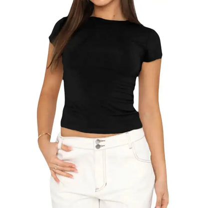 Elegant Women's Fitted Short Sleeve Kelal Core Tee Shirt by Dazzling Dreams Studio, showcasing luxurious design and flattering silhouette.