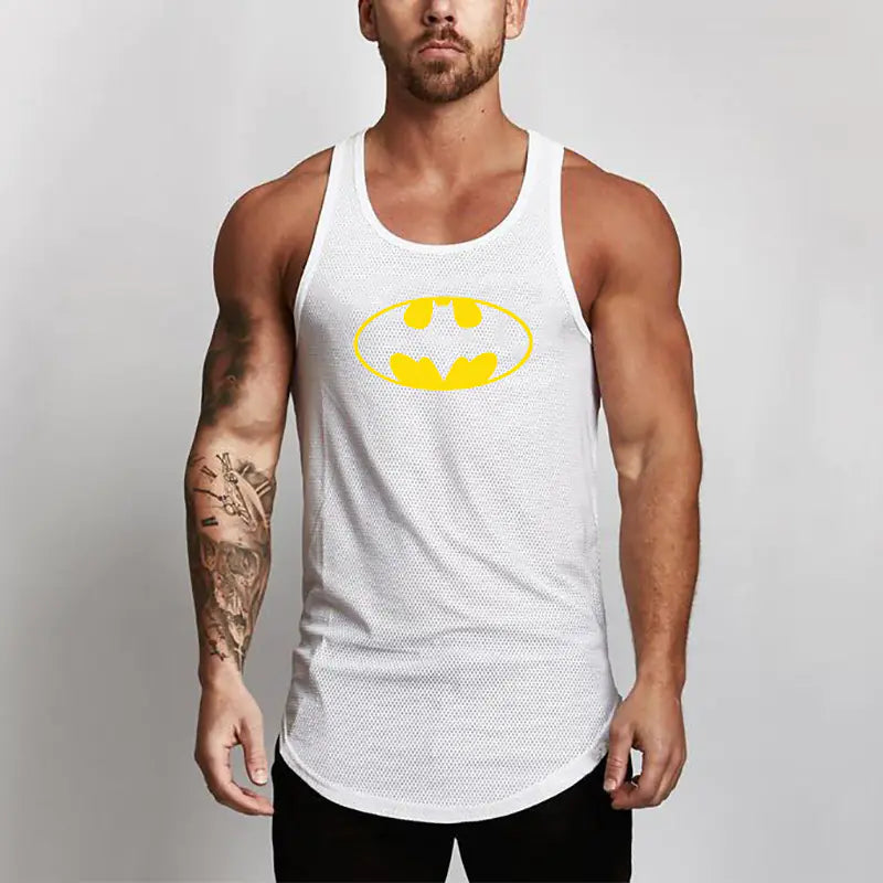 Elegantly designed white BATMAN performance mesh tank top, combining style with functionality for an elite fitness experience.