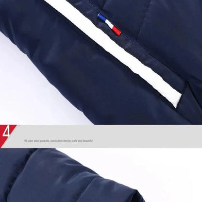 Chic unisex thickened padded detachable hoodie jacket in a sophisticated navy blue, perfect for modern streetwear and casual elegance, sizes 2XS to 4XL.