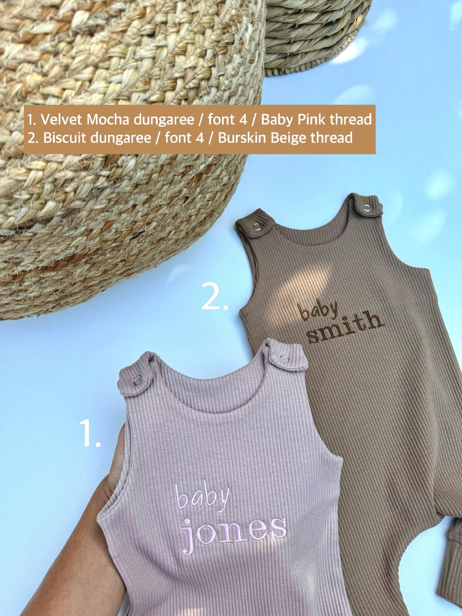 Luxury personalised baby dungarees romper by DreamBuy, crafted from soft cotton, designed for newborns aged 0-3 years.