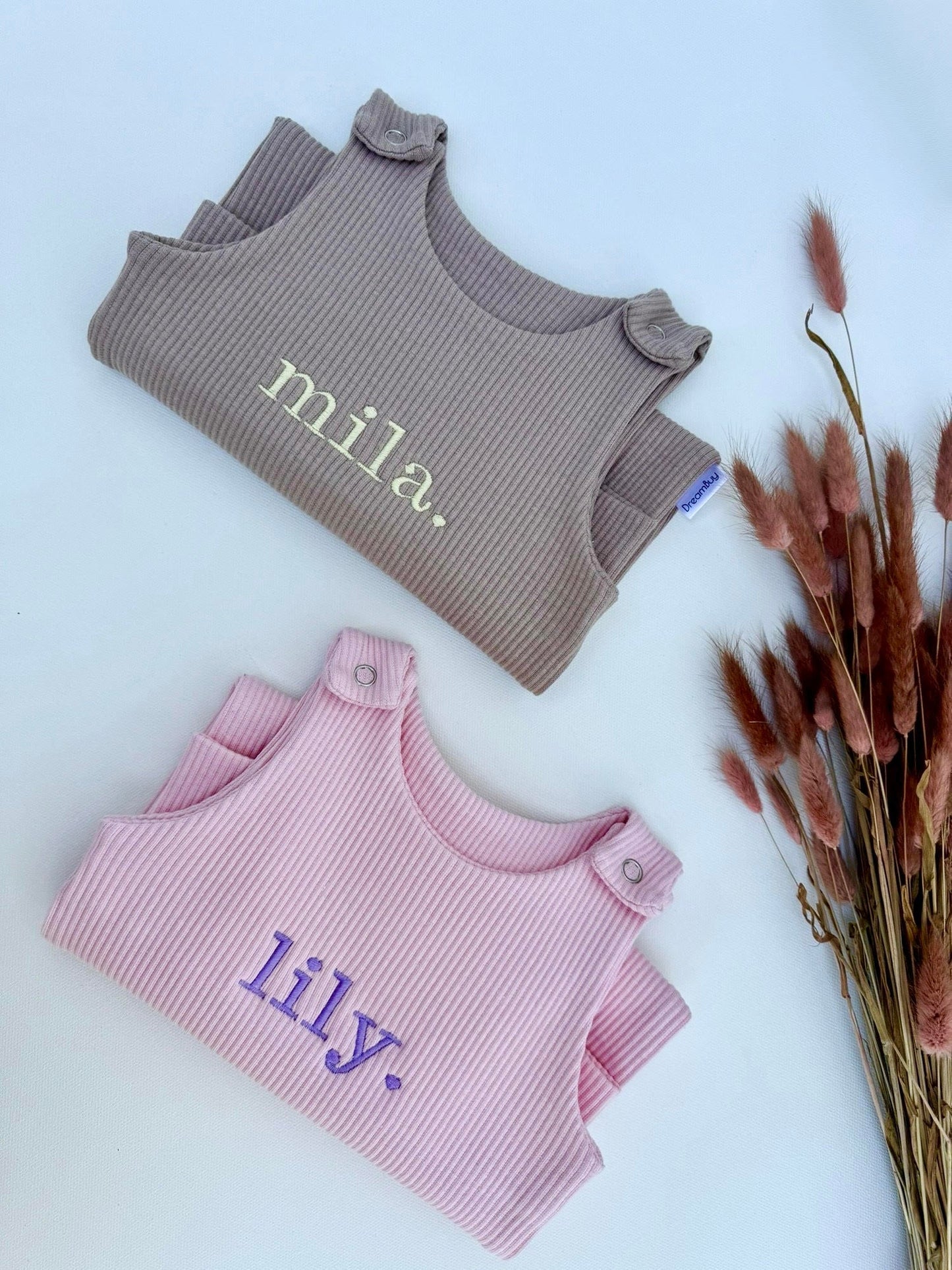 Personalised Velvet Mocha Dungarees Romper for Babies 0-3 Years, crafted by DreamBuy with soft cotton for ultimate comfort, perfect for newborns.