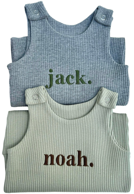 Luxurious personalised sage baby dungarees romper from DreamBuy, crafted from soft cotton, ideal for sensitive skin, designed for comfort from 0-3 years.