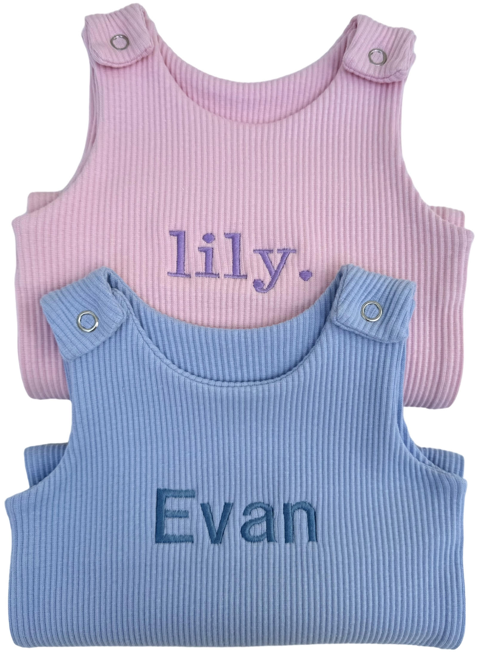 Personalised powder blue dungarees for babies by DreamBuy, made from soft cotton and spandex, showcasing a luxurious pull-on design.