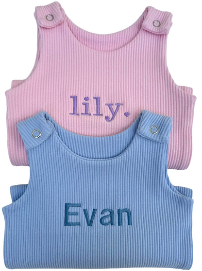 Personalised powder blue dungarees for babies by DreamBuy, made from soft cotton and spandex, showcasing a luxurious pull-on design.
