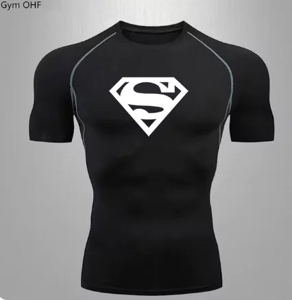Stylish men's quick dry performance top in sleek black, showcasing an elegant white Superman logo, ideal for fitness enthusiasts.