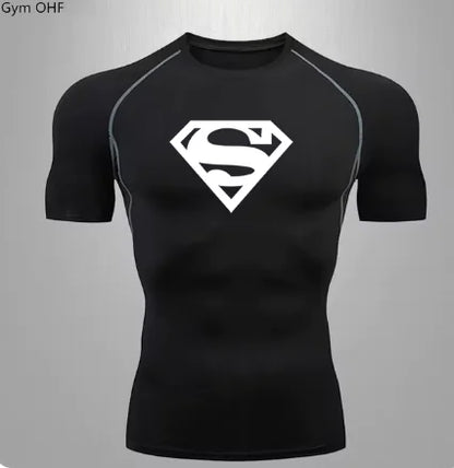 Elegant men's black athletic t-shirt showcasing a vibrant white superhero emblem, ideal for active lifestyles and sports enthusiasts.