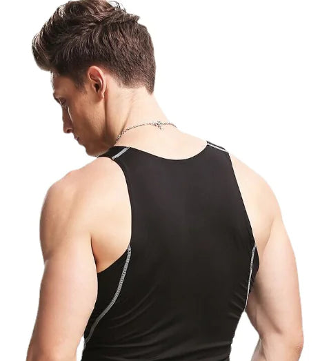Stylish black men's premium compression training shirt, showcasing a sleek design and perfect fit from the back.