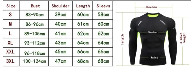 Detailed size chart for a black compression t-shirt, showcasing measurements for various sizes, ideal for selecting the perfect fit for intense workouts.