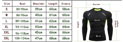 Detailed size chart for a black compression t-shirt, showcasing measurements for various sizes, ideal for selecting the perfect fit for intense workouts.