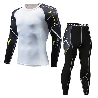Sophisticated men's athletic compression set, including a long sleeve shirt and leggings in striking black and white, ideal for serious athletes.