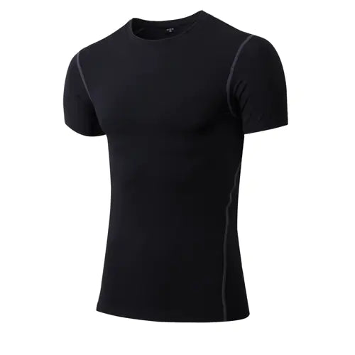Men's sophisticated black activewear shirt featuring a snug fit and breathable fabric, ideal for sports and gym sessions.