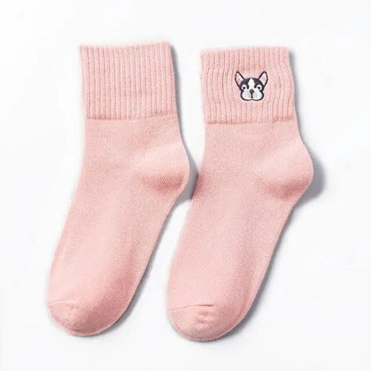 Another view of pink Cozy Women's Cotton French Bulldog Embroidered Socks, emphasizing their stylish and comfortable design for casual outfits.
