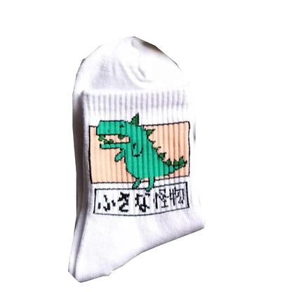 Stylish Hip Hop Long Socks for Women & Girls featuring a whimsical green dinosaur design on a classic white sock, blending creativity and elegance in your sock collection.