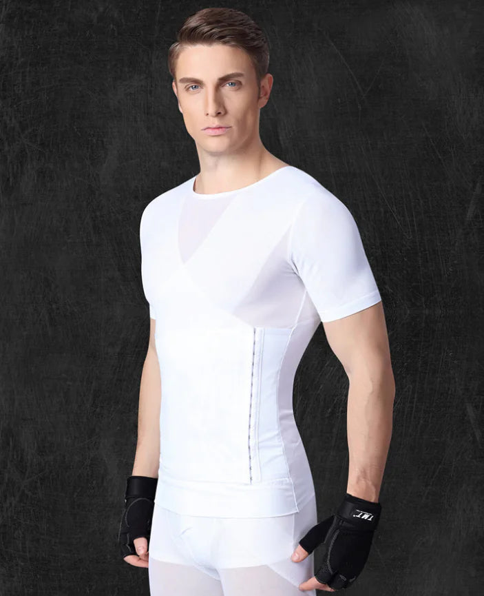 Sophisticated men's short sleeve compression shirt in white, showcasing a sleek silhouette design ideal for body shaping.