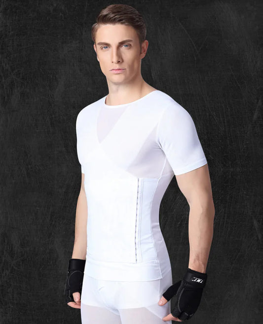 Sophisticated men's short sleeve compression shirt in white, showcasing a sleek silhouette design ideal for body shaping.