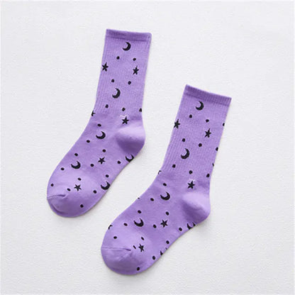 Dazzling Dreams Women’s/Girl’s Street Sports Socks featuring a luxurious lavender design with black stars and moons, perfect for style and comfort.