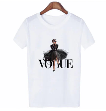 Luxury women's white oversized T-shirt featuring a stylish letter print design, showcasing a fashionable figure in a black tulle skirt with the word 'VOGUE' emblazoned in bold lettering.