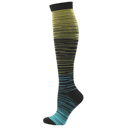 Men's and Women's activewear Flightwear Compression Socks in striking yellow and blue hues, blending high fashion with athletic support.