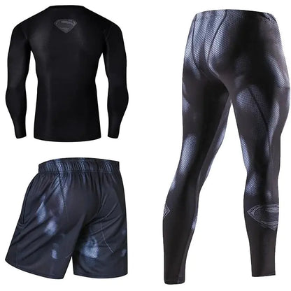Luxury superhero-themed athletic bodysuit set featuring a compression design with a stylish Superman motif, ideal for gym workouts and casual wear.