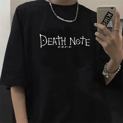 Death Note Anime T-Shirt featuring vibrant graphic of kawaii characters from Death Note and Bleach, crafted by Dazzling Dreams Studio, highlighting luxury and style for anime enthusiasts.
