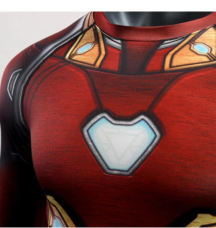 Close-up view of the Iron Man compression t-shirt showcasing its intricate design and vibrant red colour, perfect for fitness enthusiasts.